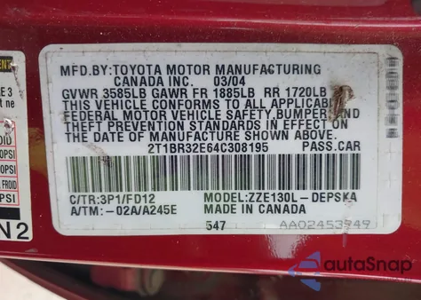 2004 Toyota Corolla S z USA, uszkodzony, nr VIN 2T1BR32E64C308195